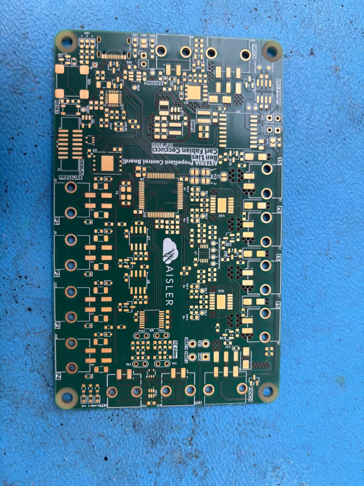 The bare four-layer Propellant Control Board before assembly, silkscreen showing the S1–S4 solenoid channels, P1–P4 pressure ports, isolated CAN and arming sections