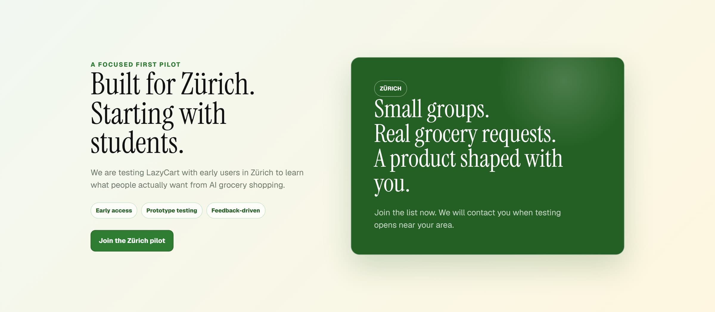 The LazyCart site's pilot section, headed “Built for Zürich. Starting with students.”, with a Join the Zürich pilot button