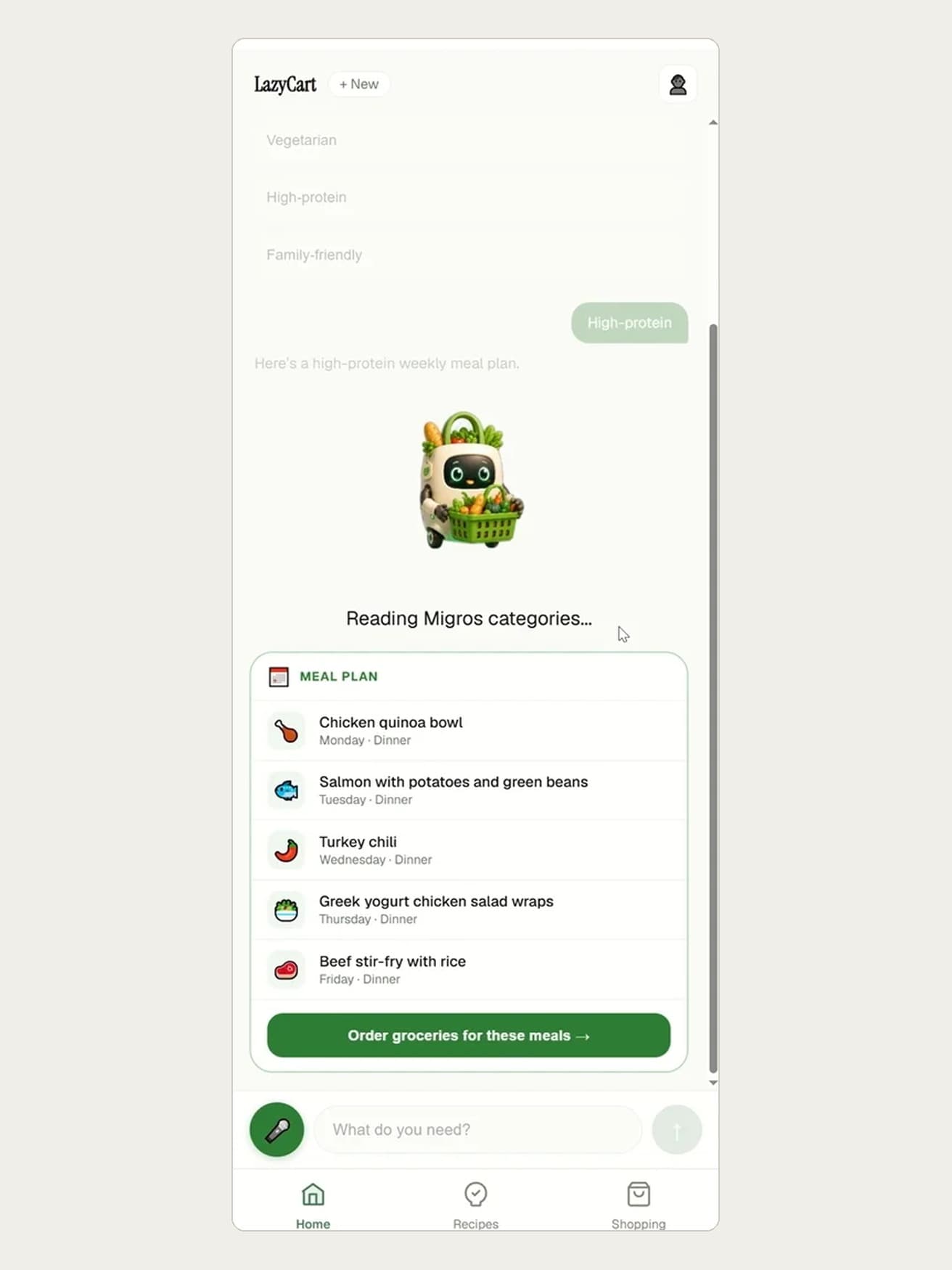 A generated weekly meal plan in the LazyCart prototype, listing a named dinner for each day