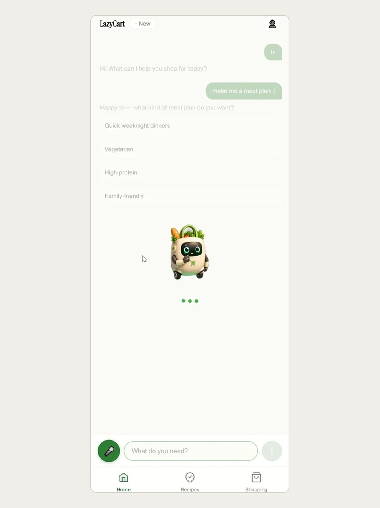 The LazyCart chat screen, where a written request for a meal plan returns dietary options to choose from